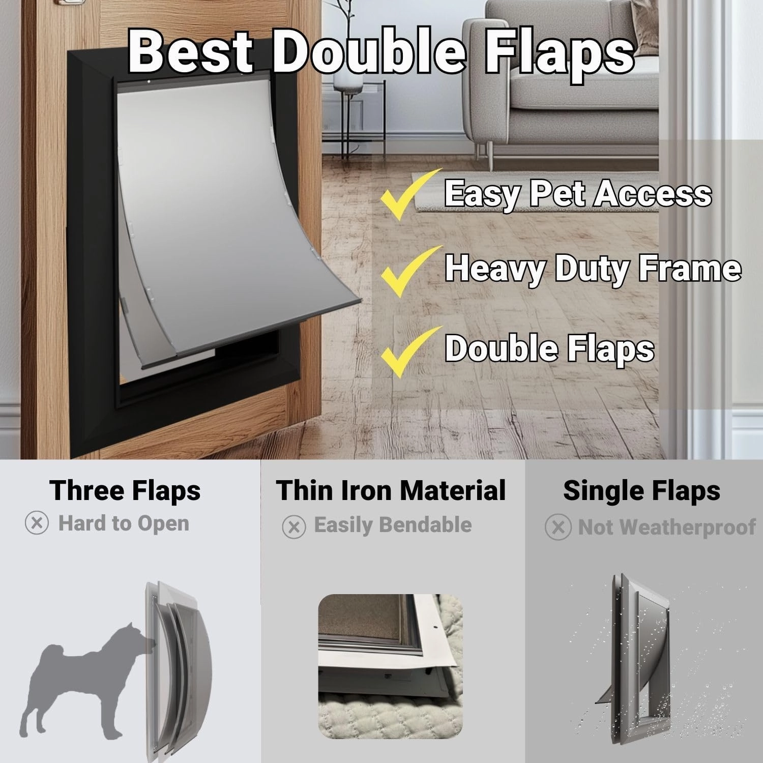 X-Large Aluminum Dog Door for Exterior, Cutout Size 14 1/2''W x 25 1/8''H, Heavy Duty Magnetic Double Flap for Extreme Weather, Energy-Efficient, Easy to Assemble, Lockable Panel Included, Black