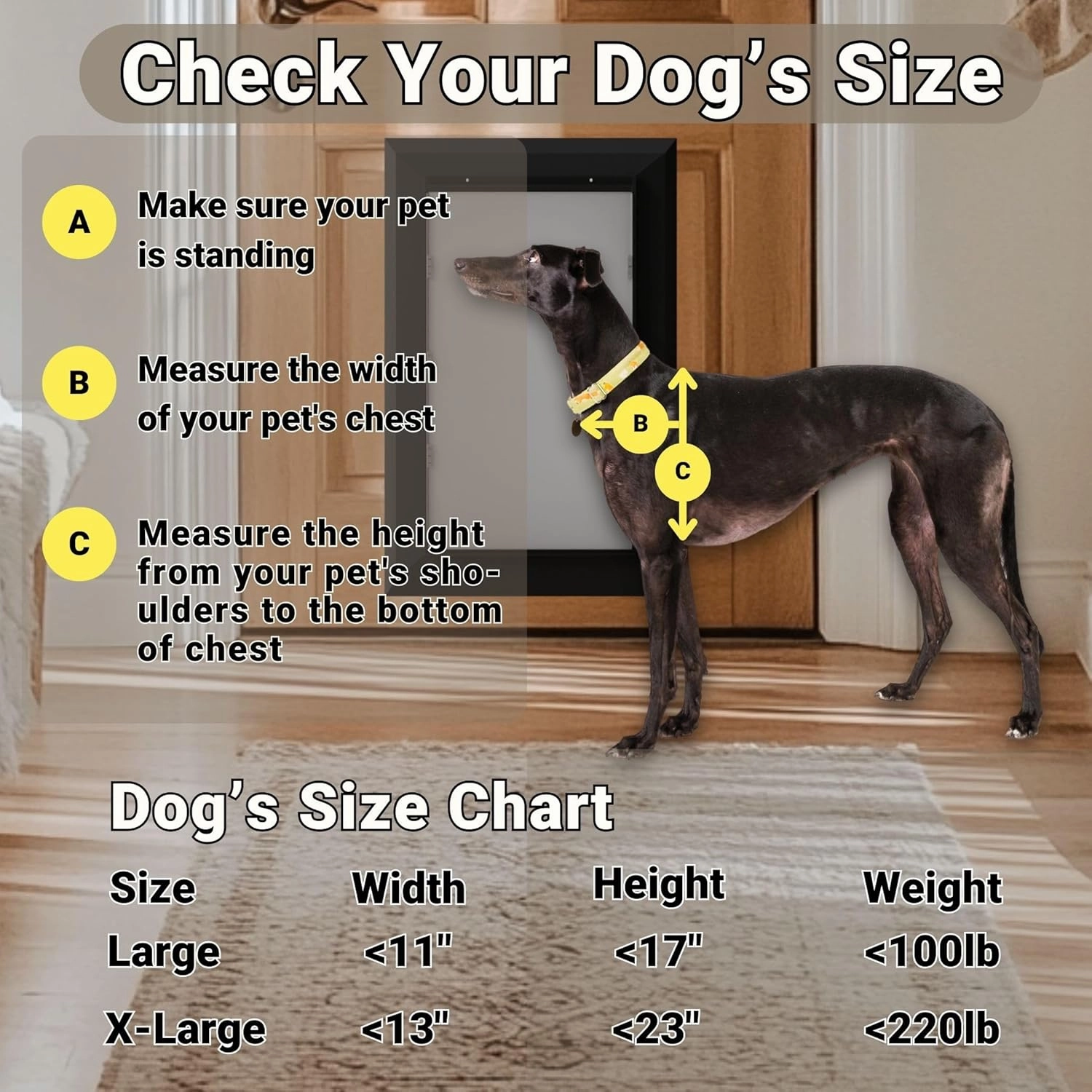 X-Large Aluminum Dog Door for Exterior, Cutout Size 14 1/2''W x 25 1/8''H, Heavy Duty Magnetic Double Flap for Extreme Weather, Energy-Efficient, Easy to Assemble, Lockable Panel Included, Black