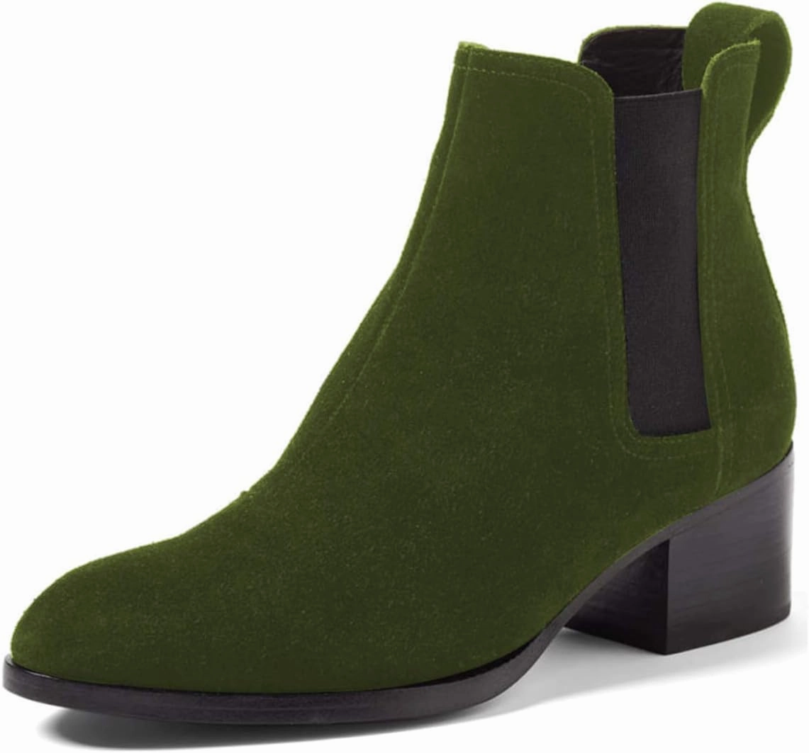 XYD Women Classic Chelsea Ankle Booties Pull On Almond Toe Low Chunky Heel Boots Suede Elastic Western Shoes