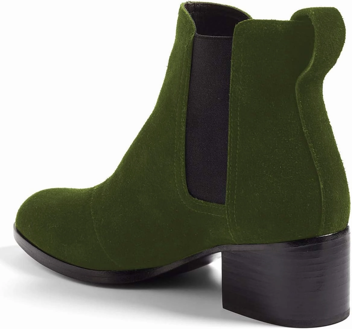 XYD Women Classic Chelsea Ankle Booties Pull On Almond Toe Low Chunky Heel Boots Suede Elastic Western Shoes