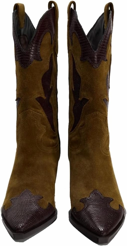 YIYA Brown Suede Cowboy Mid Calf Boots for Women Wide Calf Western Embroidered Cowgirl Boots Pointed Toe Chunky Block Heels Pull On Shoes