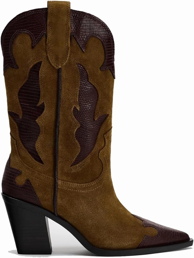 YIYA Brown Suede Cowboy Mid Calf Boots for Women Wide Calf Western Embroidered Cowgirl Boots Pointed Toe Chunky Block Heels Pull On Shoes