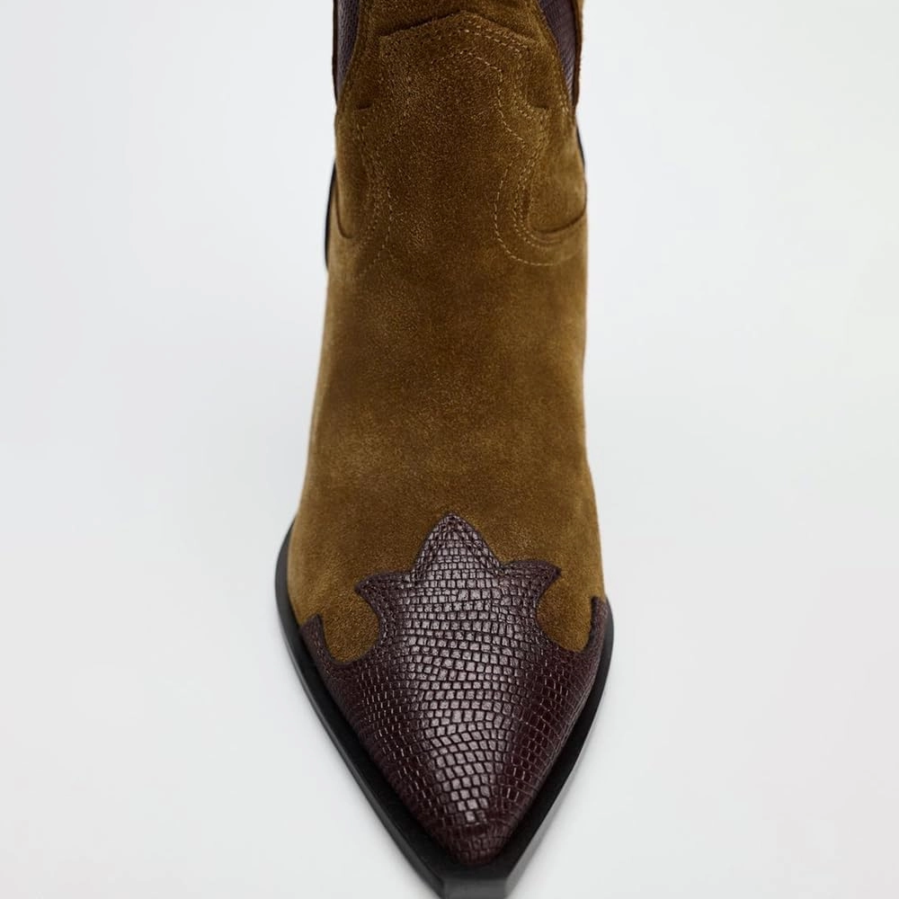 YIYA Brown Suede Cowboy Mid Calf Boots for Women Wide Calf Western Embroidered Cowgirl Boots Pointed Toe Chunky Block Heels Pull On Shoes