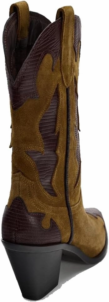 YIYA Brown Suede Cowboy Mid Calf Boots for Women Wide Calf Western Embroidered Cowgirl Boots Pointed Toe Chunky Block Heels Pull On Shoes
