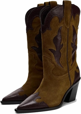 YIYA Brown Suede Cowboy Mid Calf Boots for Women Wide Calf Western Embroidered Cowgirl Boots Pointed Toe Chunky Block Heels Pull On Shoes