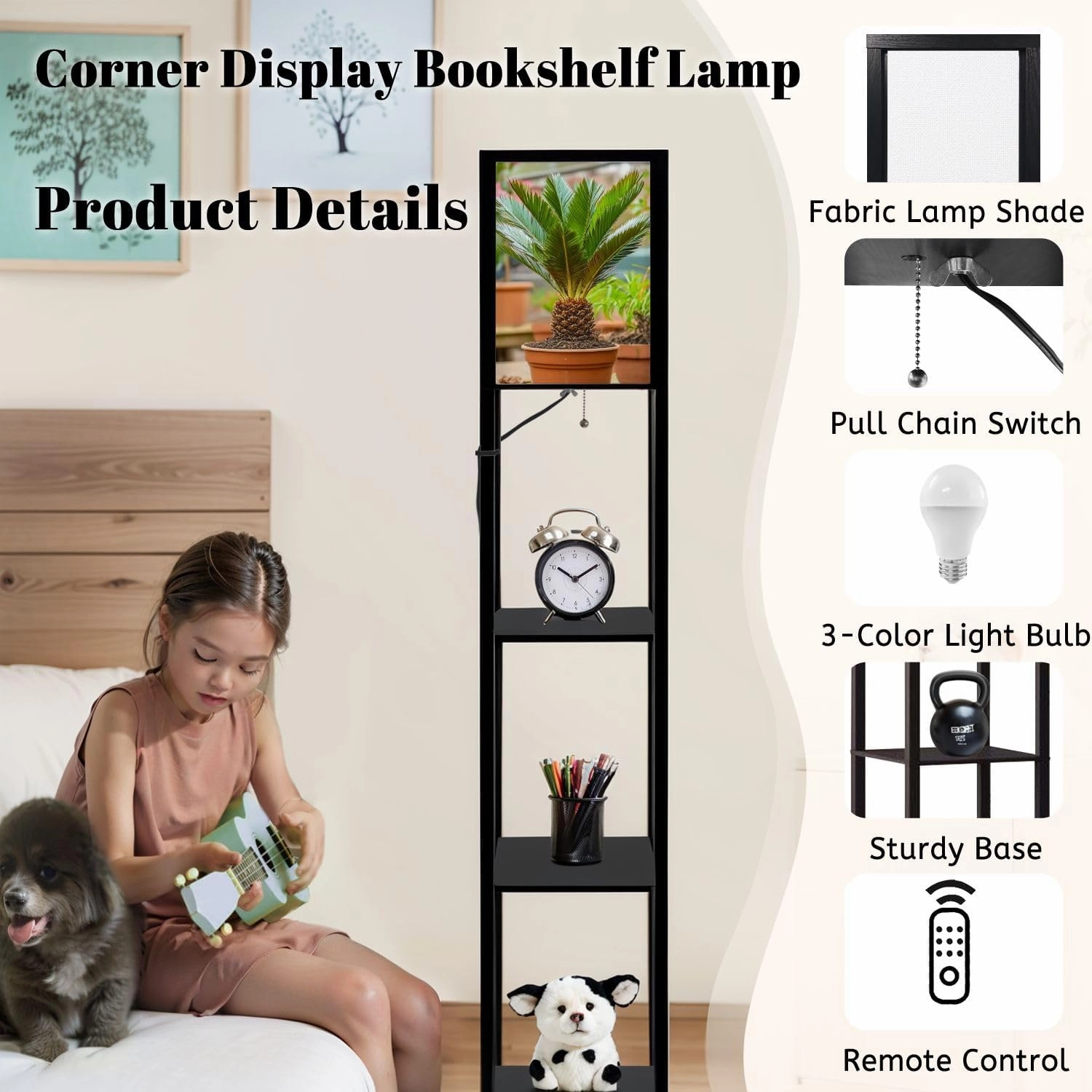 Young Cycas Palm Floor Lamps with Shelves, Modern Standing Lamp Narrow Corner Display Bookshelf Lamp for Living Room, Bedroom, Office Decor