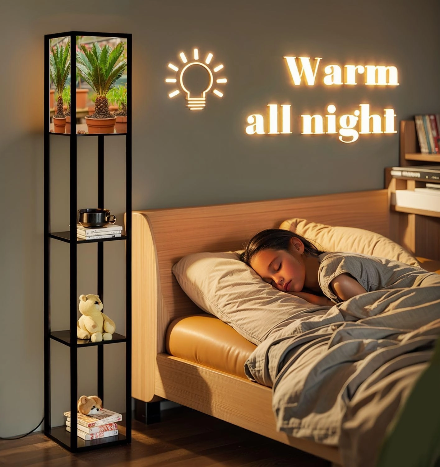 Young Cycas Palm Floor Lamps with Shelves, Modern Standing Lamp Narrow Corner Display Bookshelf Lamp for Living Room, Bedroom, Office Decor