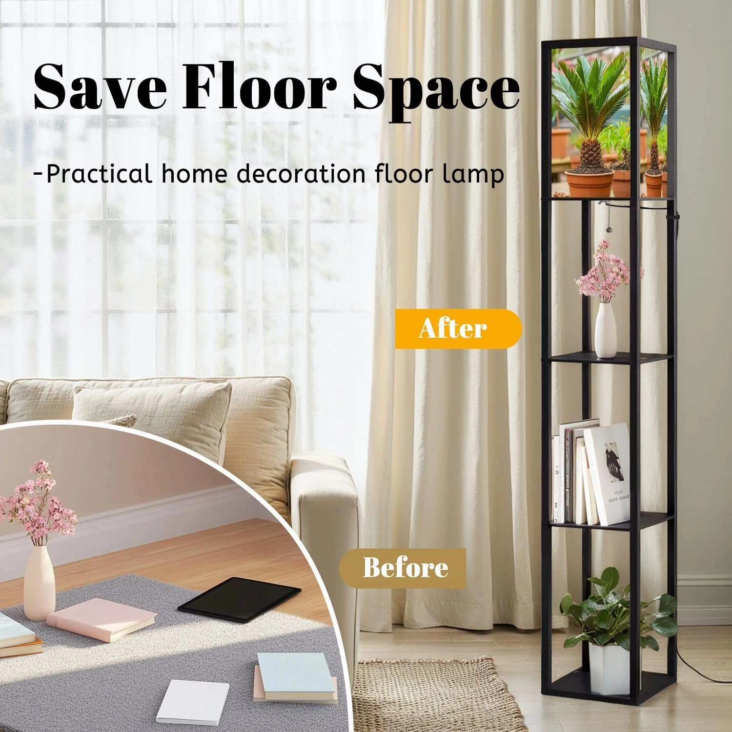 Young Cycas Palm Floor Lamps with Shelves, Modern Standing Lamp Narrow Corner Display Bookshelf Lamp for Living Room, Bedroom, Office Decor