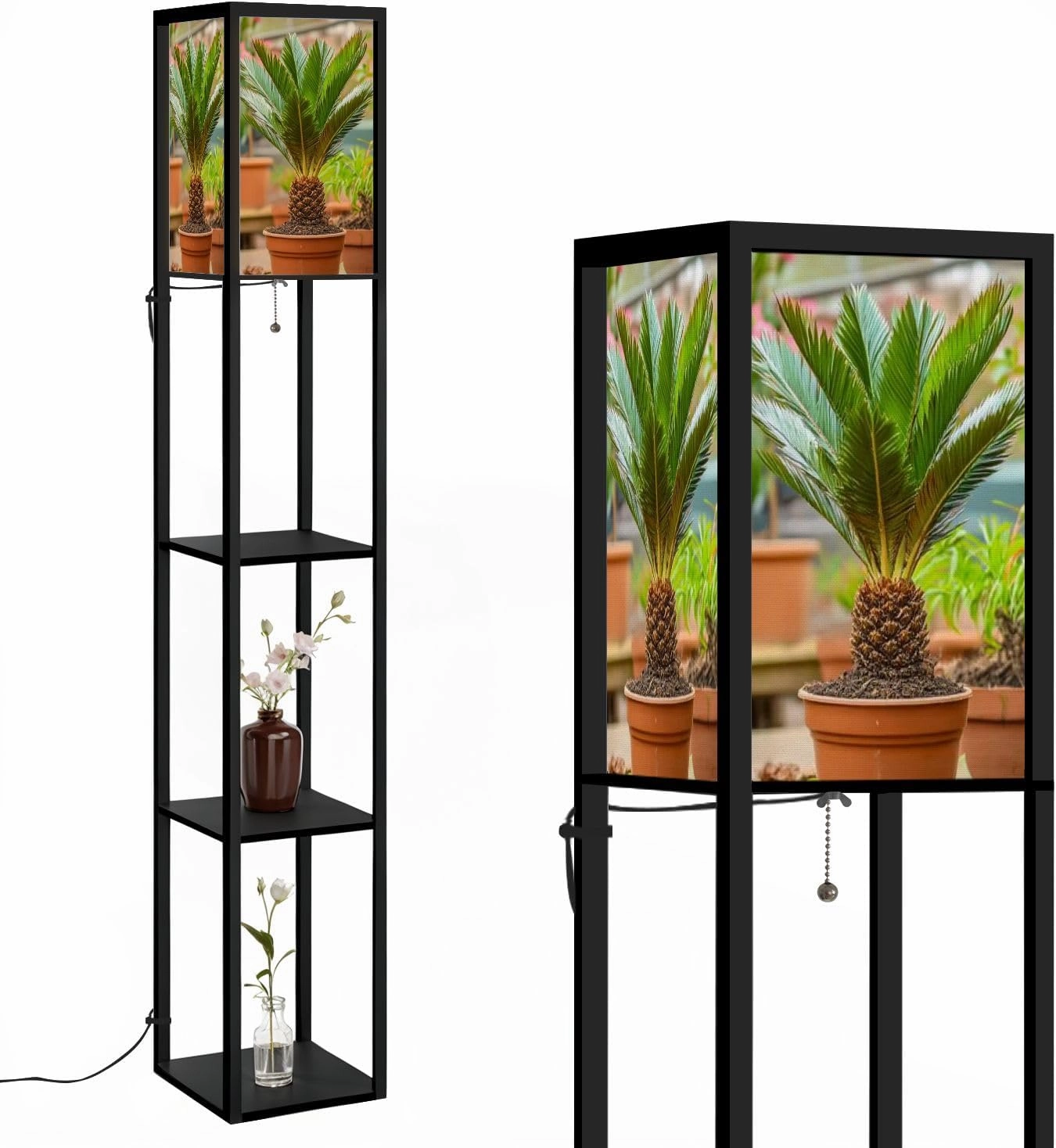 Young Cycas Palm Floor Lamps with Shelves, Modern Standing Lamp Narrow Corner Display Bookshelf Lamp for Living Room, Bedroom, Office Decor