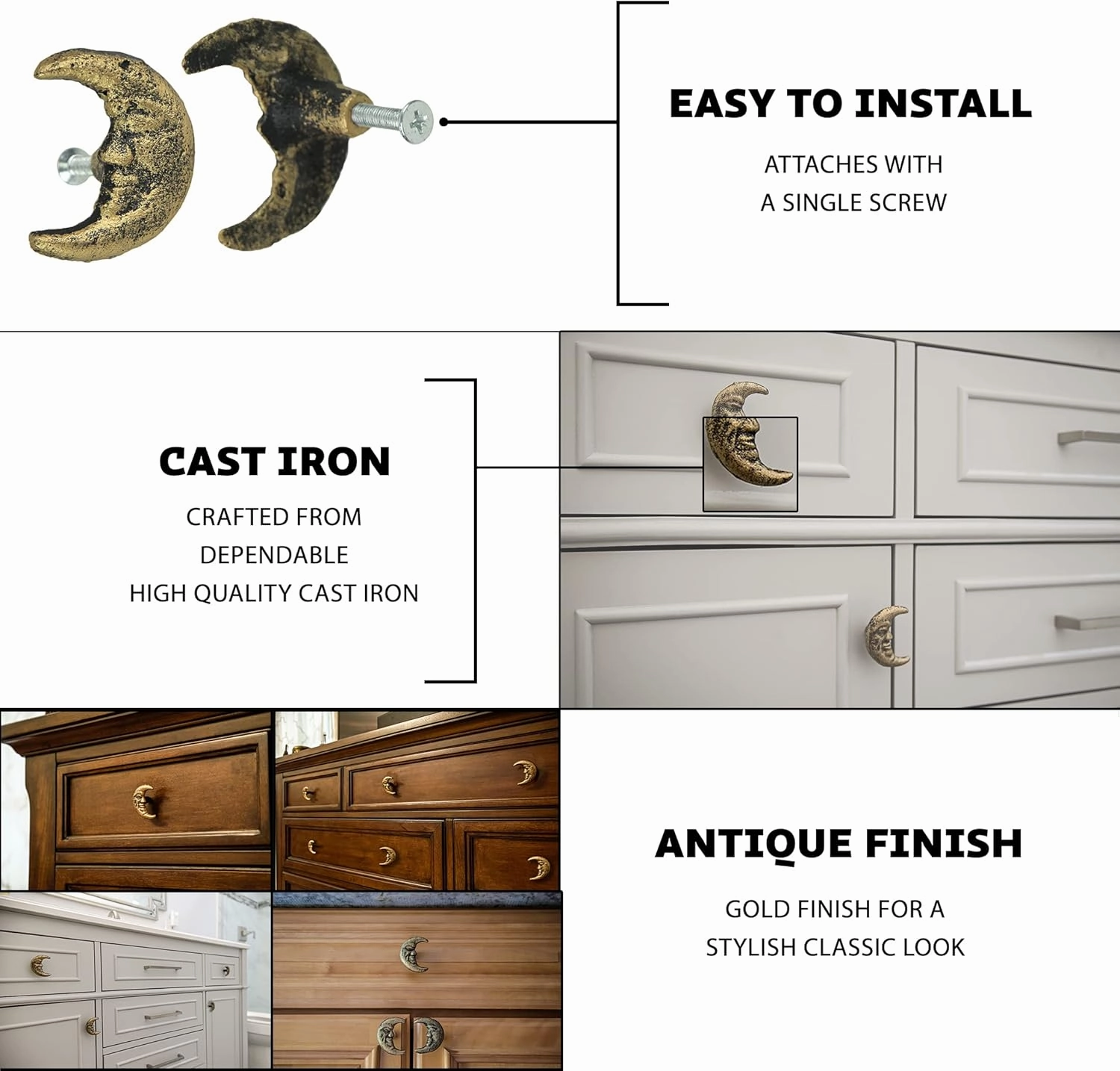 Zeckos Set of 6 Gold Finish Cast Iron Crescent Moon Face Drawer Pulls - Decorative Cabinet Knobs for Celestial Décor - Each 2 Inches High - Mystical Elegance