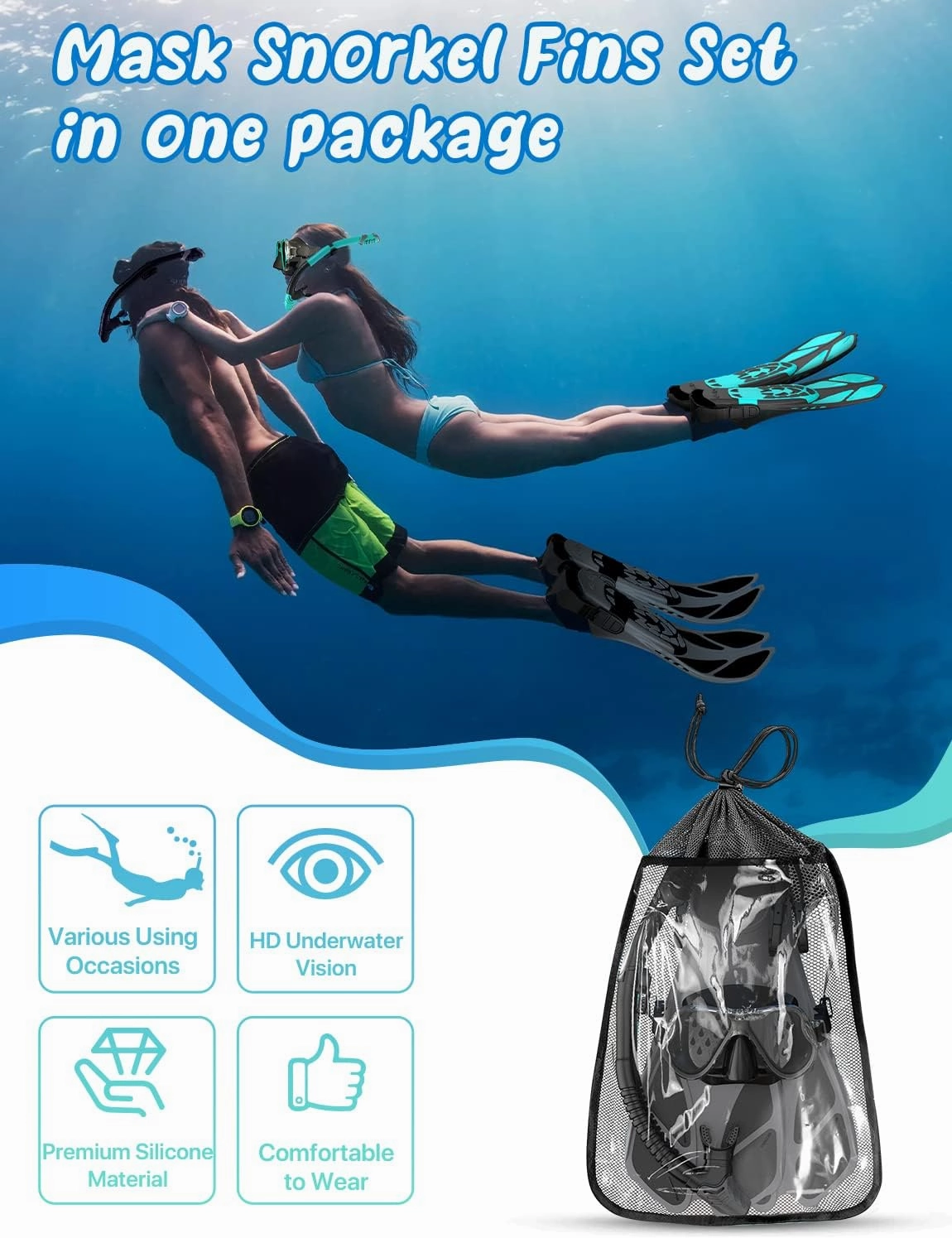 Zenoplige Mask Fins Snorkel Set, Snorkeling Gear for Adults, Panoramic View Snorkel Mask Anti-Fog, Adjustable Dive Flippers, Dry Top Snorkel and Travel Bag, Scuba Gear for Swimming Snorkeling Diving