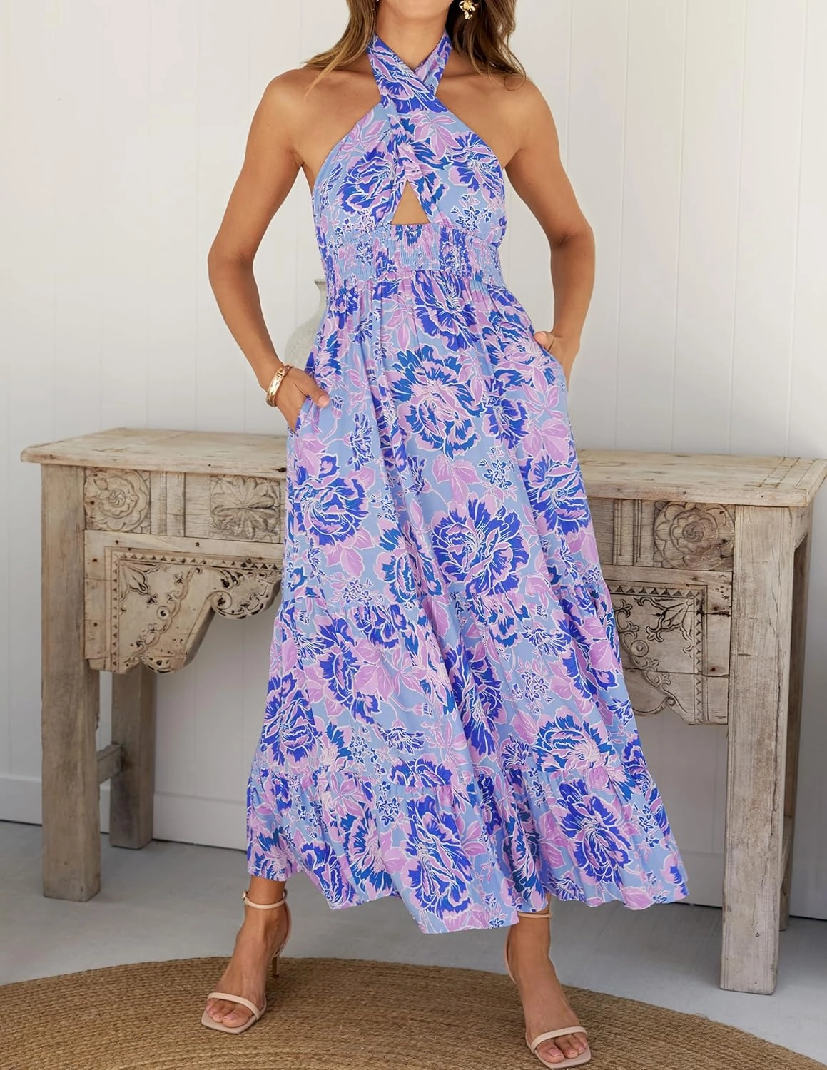 ZESICA Women's 2025 Summer Crossover Halter Neck Sleeveless Plaid Cut Out Backless Flowy A Line Maxi Dress